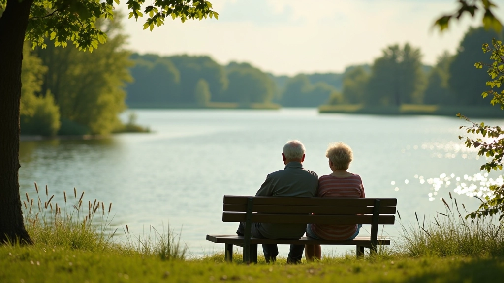 Mierīga ezerciema ainavā ar seniorus, kuri baudē Latgales skaistumu