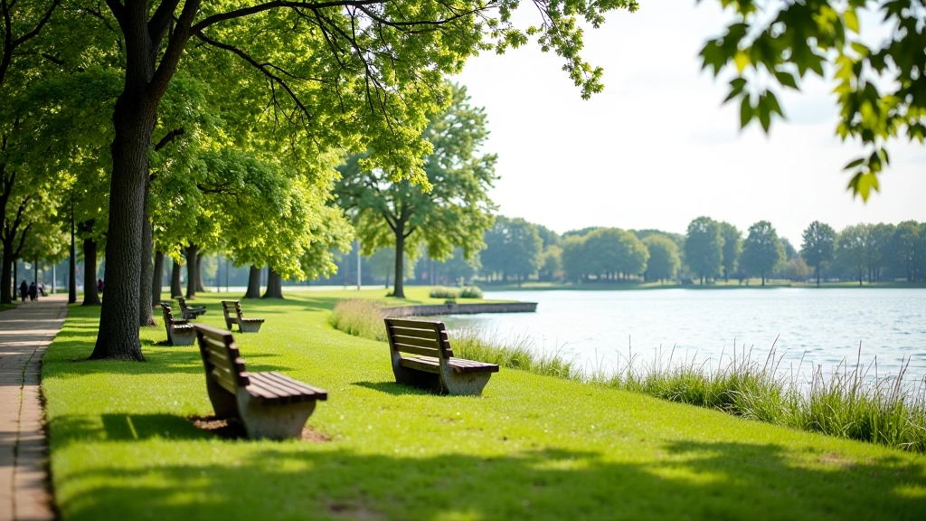 Daugavpils pilsētas ezeru parks ar soliņiem un skatu uz ezeru