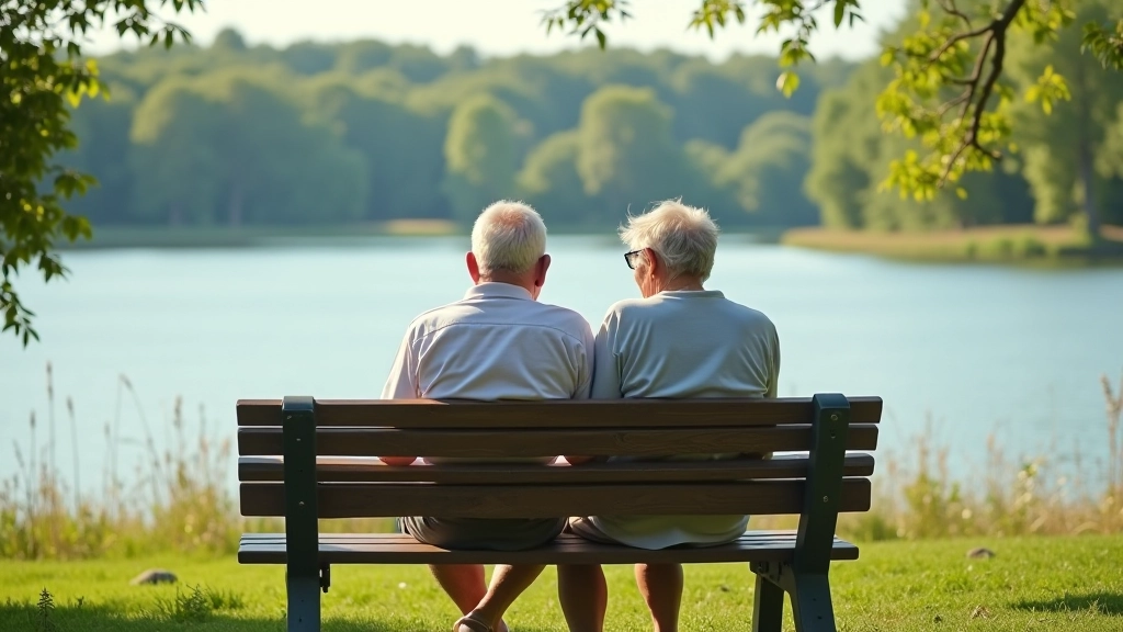 Seniori sēž uz soliņa pie Rāznas ezera, skats uz ūdeni un krastiem